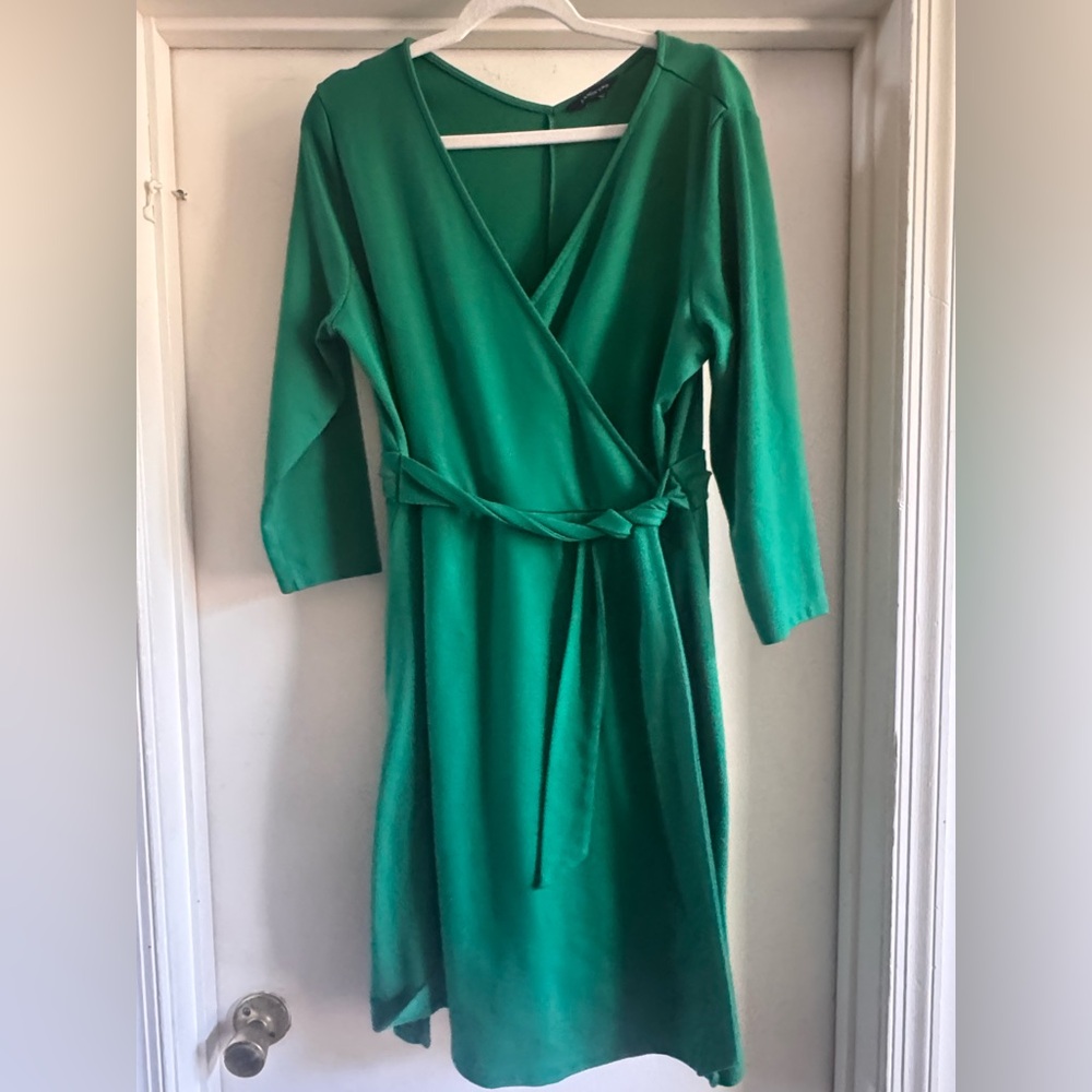 Lands' End Green Wrap Tie Front Dress Size 14-16 V-Neck 3/4 Sleeve